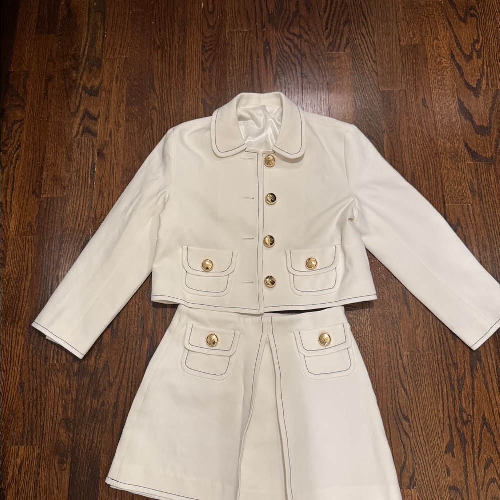 Sandro Cream Two-Piece Jacket & Skirt Set with Gold Buttons